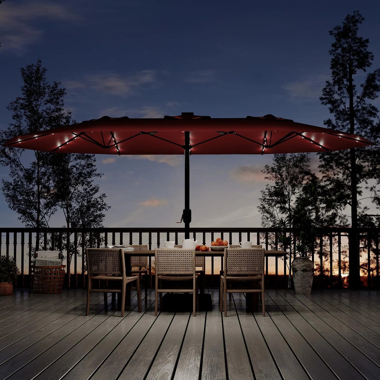 Garvee 15' Solar-Powered Patio Umbrella with 36 LED Lights, Double-Sided Design & Cross Base for Poolside, Deck, Backyard, Wine Red