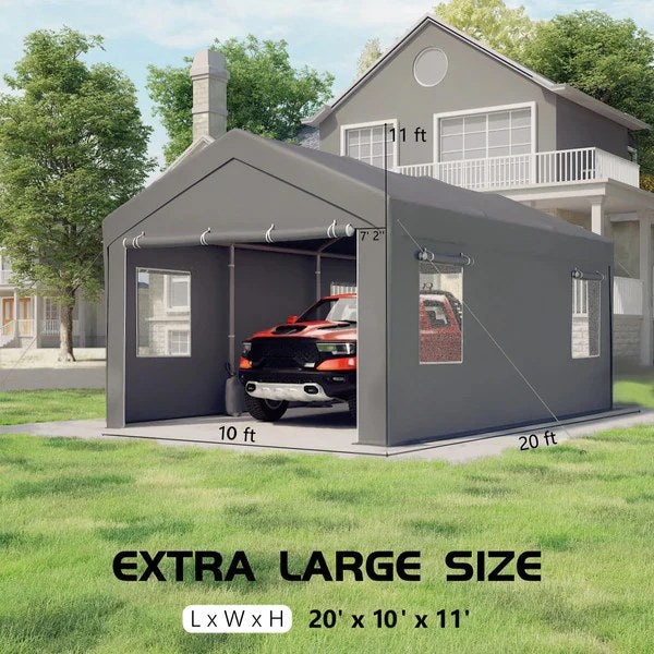 Garvee 10x20 Ft Portable Garage With 200g PE Tarp Cover, Front & Rear Roll-Up Doors, 4 Windows, Gray - Car Port For Boats, Pickups, Events