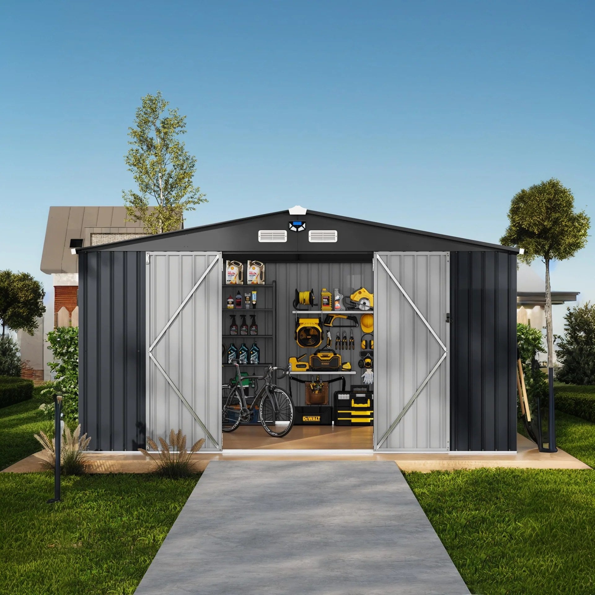 Garvee 10x12 ft Outdoor Storage Shed Metal Garden Tool Shed with Lockable Doors Dark Gray