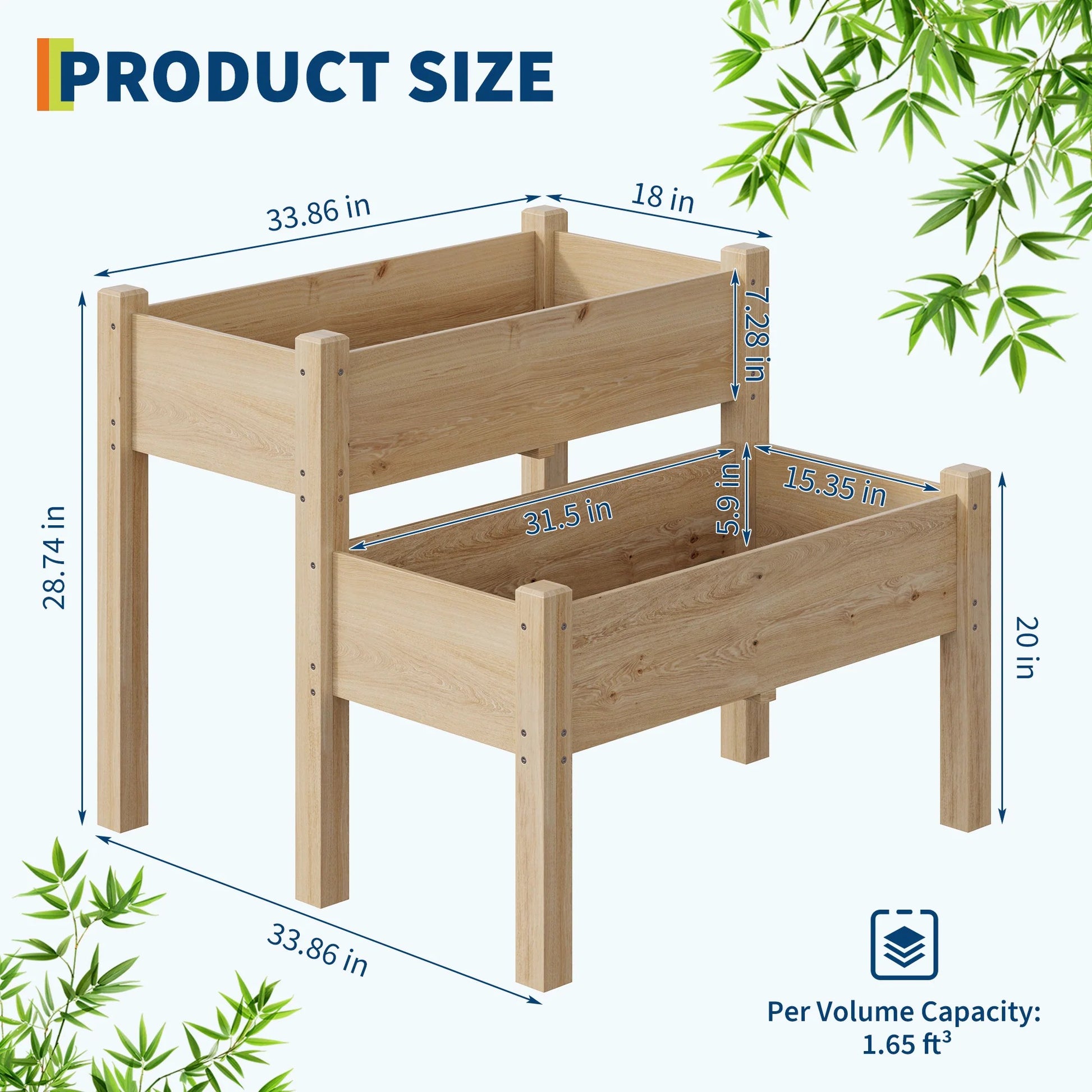 Garvee 2-Tier Raised Garden Bed Fir Wood Elevated Planter Box with Legs for Outdoor Yard Patio Balcony 33"x33"x29" Natural Wood