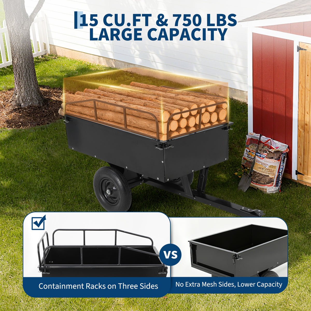Garvee 750LBS Heavy Duty ATV Trailer Tow Behind Steel Dump Cart, 15 Cu. Ft Garden Utility Trailer, Black