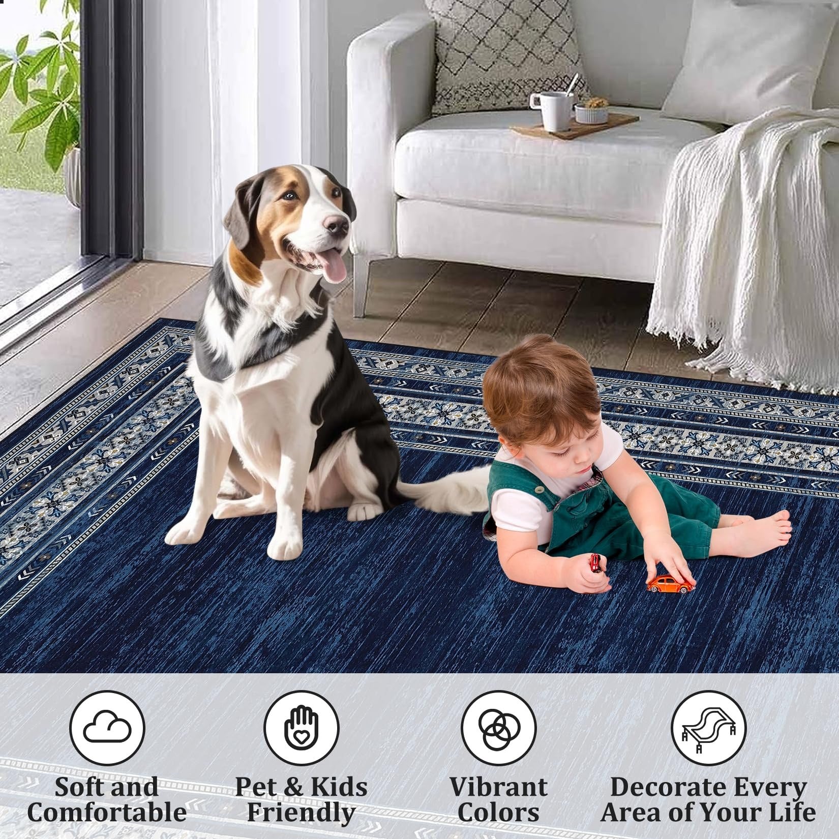 Garvee 2x6 Kitchen Runner Rugs Washable Soft Non Slip Hallway Rug Carpet Indoor Modern Geometric Blue