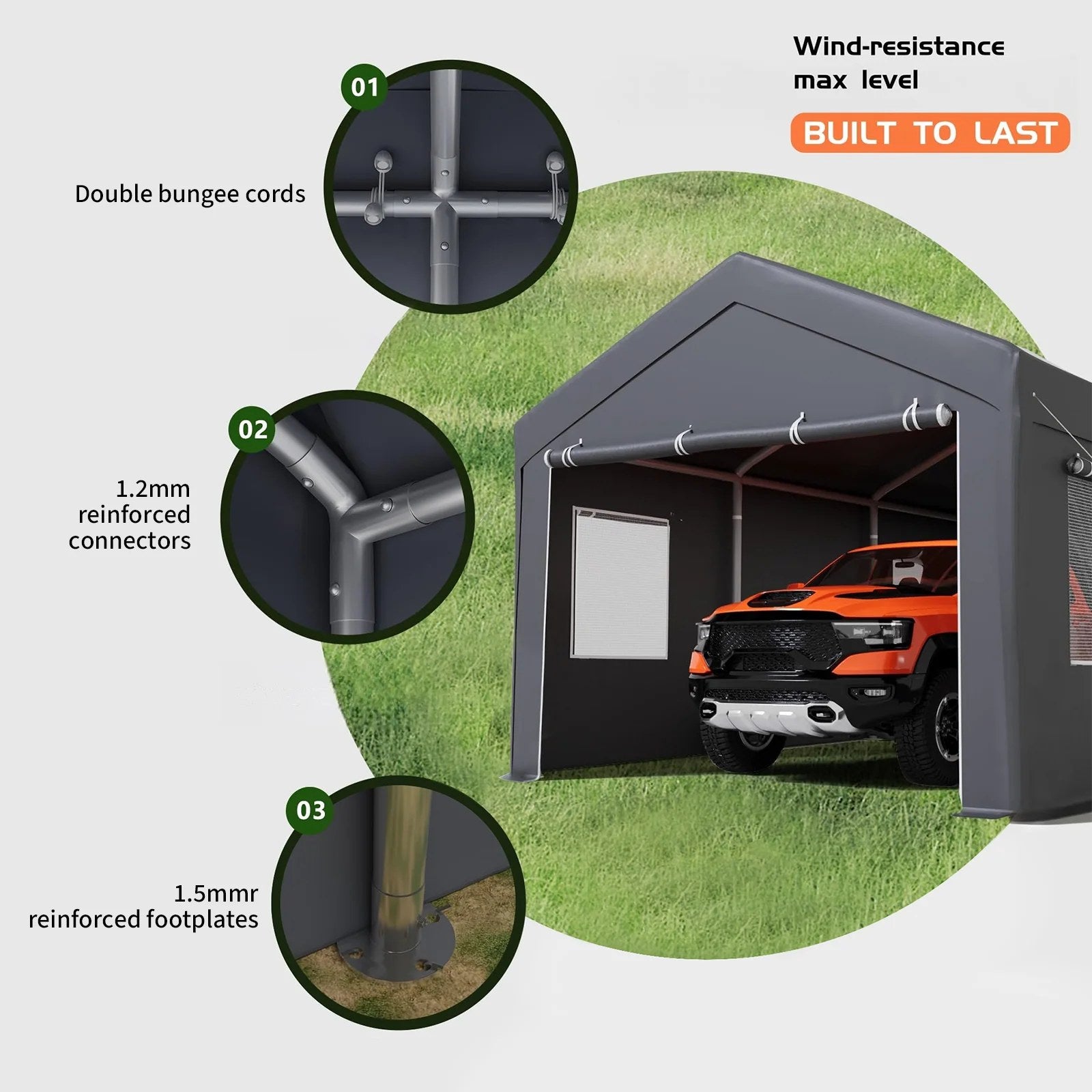 Garvee 10x20 Ft Portable Garage With 200g PE Tarp Cover, Front & Rear Roll-Up Doors, 4 Windows, Gray - Car Port For Boats, Pickups, Events