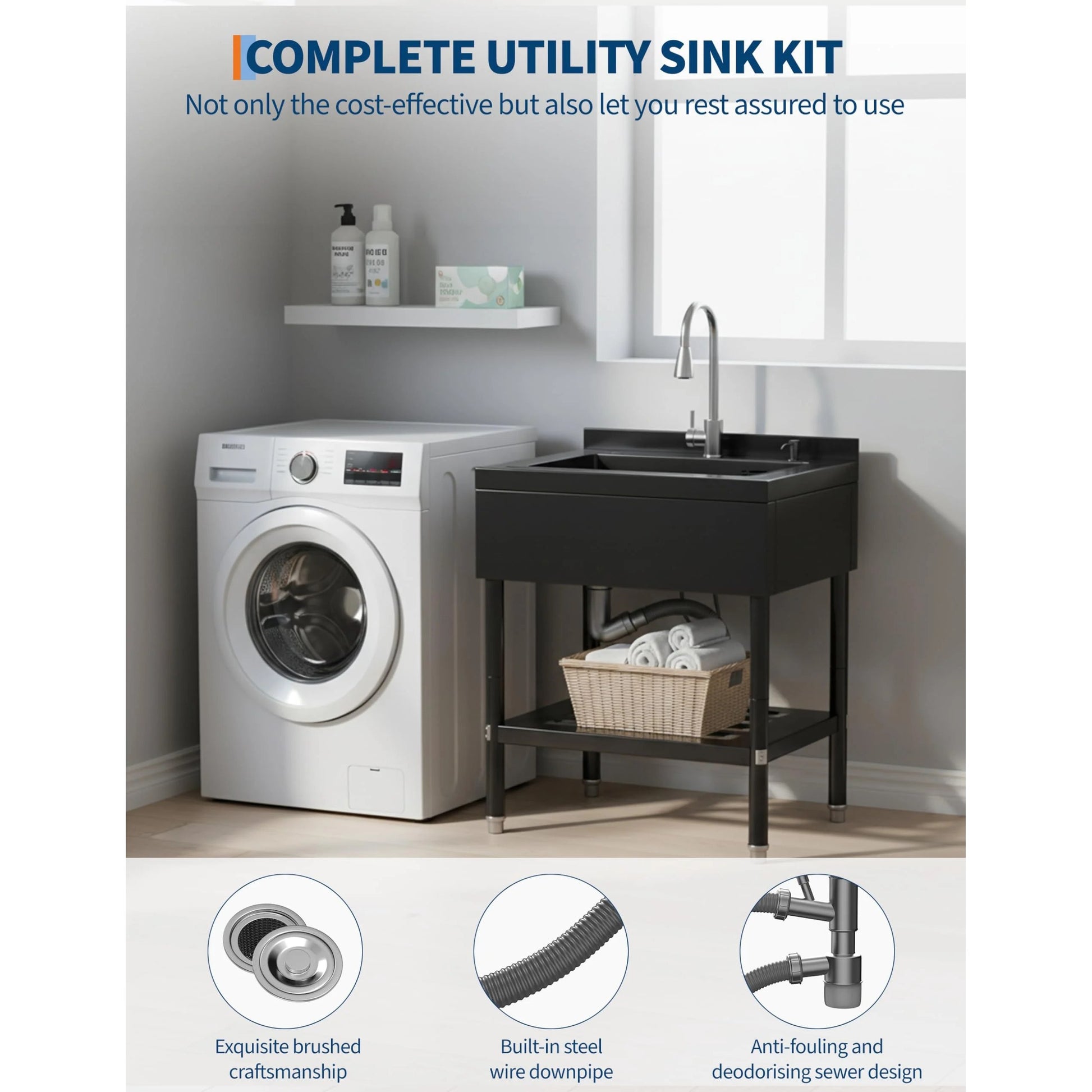 Garvee 25.7"D × 20.7" W× 39.5" H Stainless Steel Utility Sink with 360° Pull-Out Faucet for Garage Kitchen Bathroom Basement 25.7"x20.7"x39.5" Black
