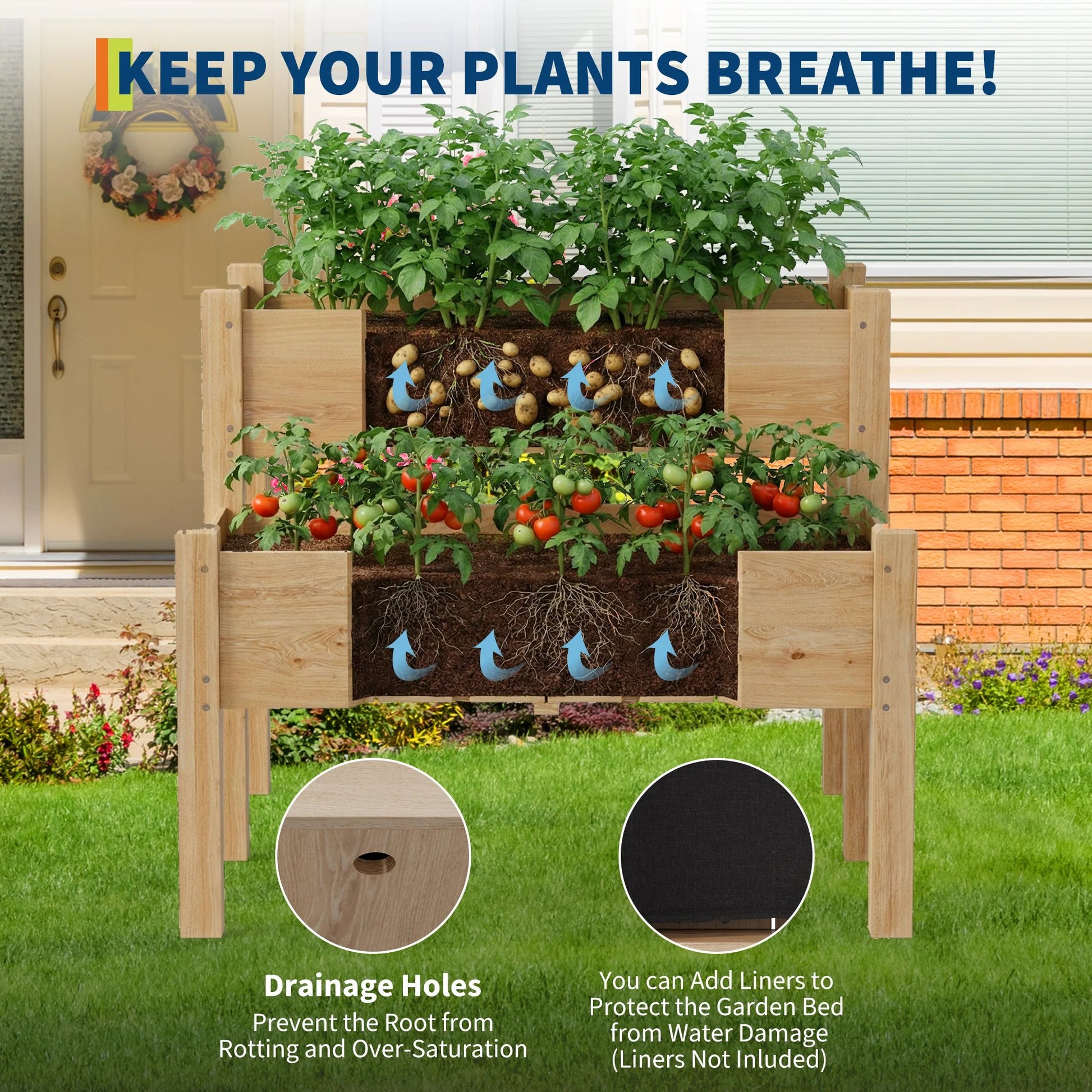 Garvee 2-Tier Raised Garden Bed Fir Wood Elevated Planter Box with Legs for Outdoor Yard Patio Balcony 33"x33"x29" Natural Wood
