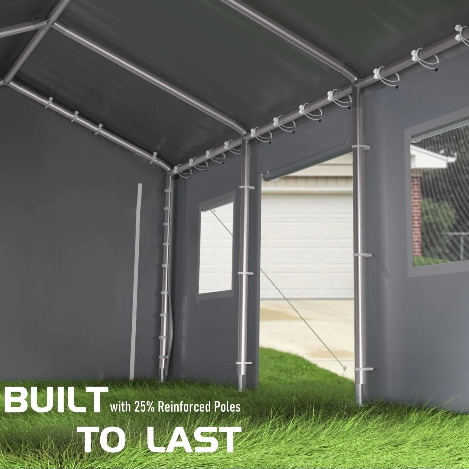 Garvee 10x20 Ft Portable Garage With 200g PE Tarp Cover, Front & Rear Roll-Up Doors, 4 Windows, Gray - Car Port For Boats, Pickups, Events