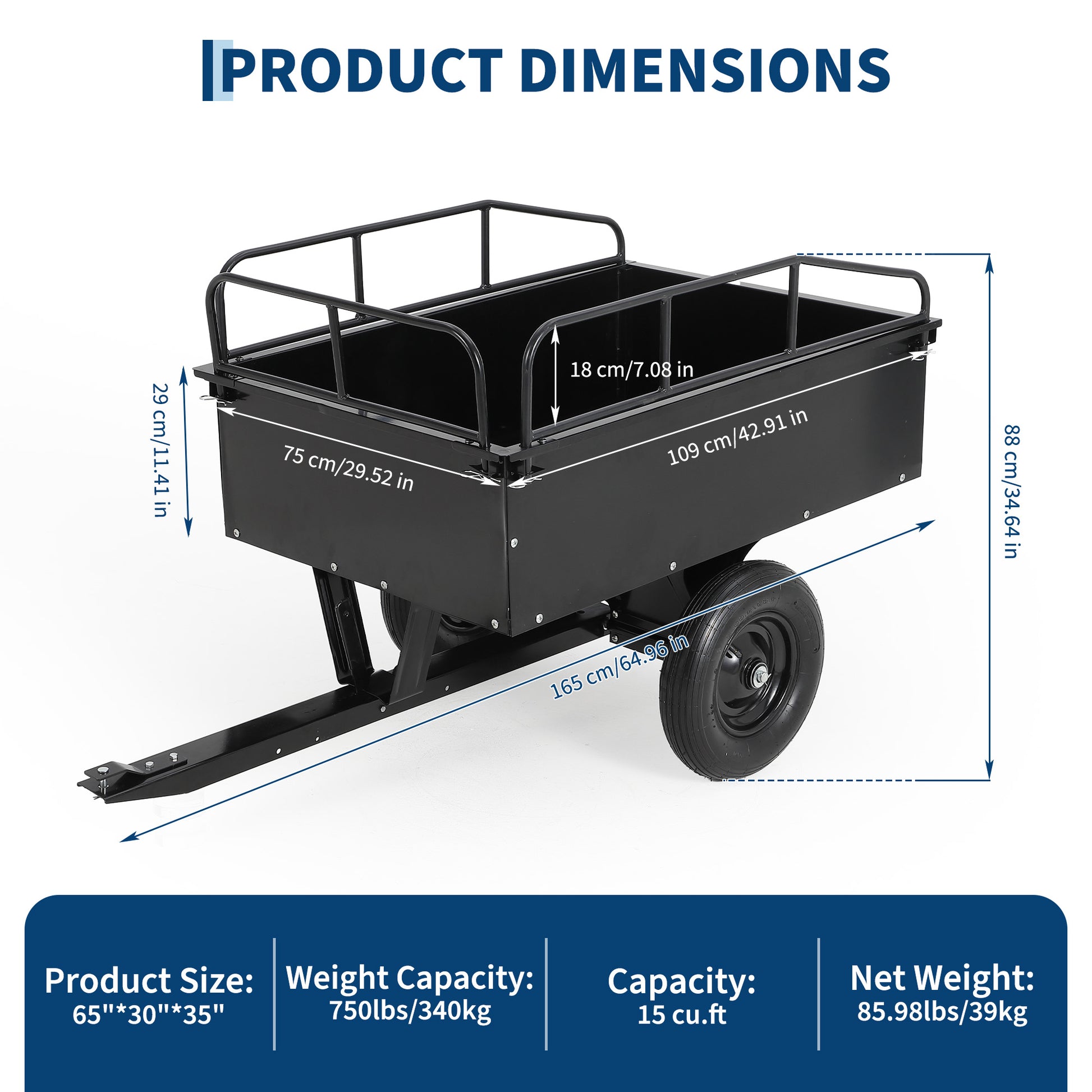 Garvee 750LBS Heavy Duty ATV Trailer Tow Behind Steel Dump Cart, 15 Cu. Ft Garden Utility Trailer, Black
