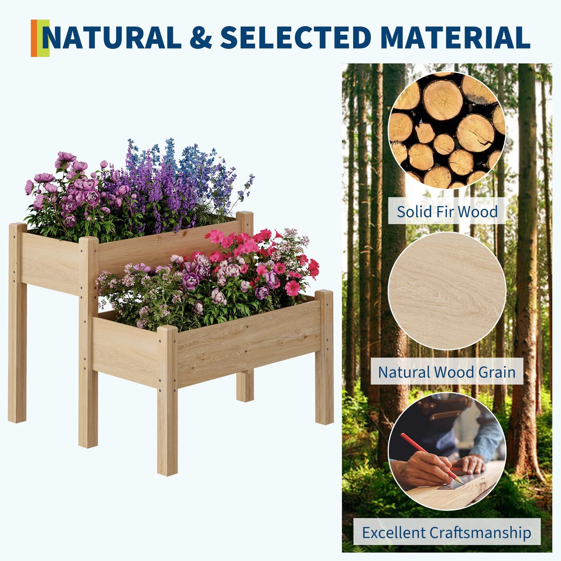 Garvee 2-Tier Raised Garden Bed Fir Wood Elevated Planter Box with Legs for Outdoor Yard Patio Balcony 33"x33"x29" Natural Wood
