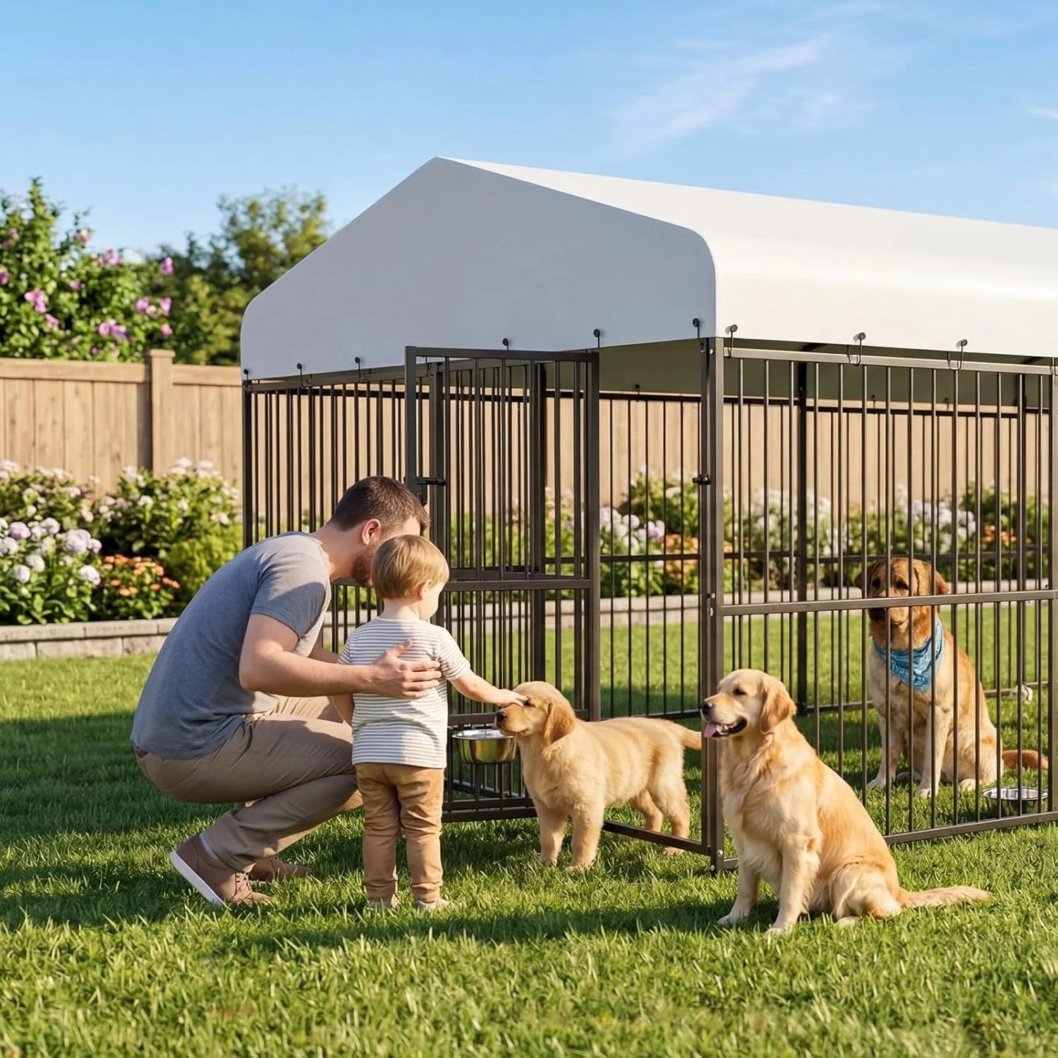 Garvee Large Dog Enclosures Outdoor Dog Kennel with Waterproof Cover Feeding Doors for Yard Garden Backyard 10×15×7FT