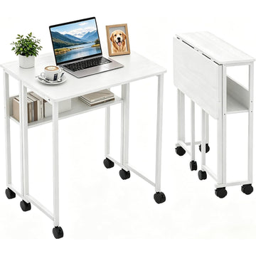 Garvee Folding Desk Small Rolling Desk with Storage Shelf for Home Office Study 24.8 Inch White Space-Saving Foldable