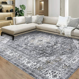 Garvee Large Washable Rug 8x10 Low-Pile Indoor Floral Print Carpet Grey Ultra Soft Non Slip Area Rug for Living Room Kitchen Bedroom - Grey