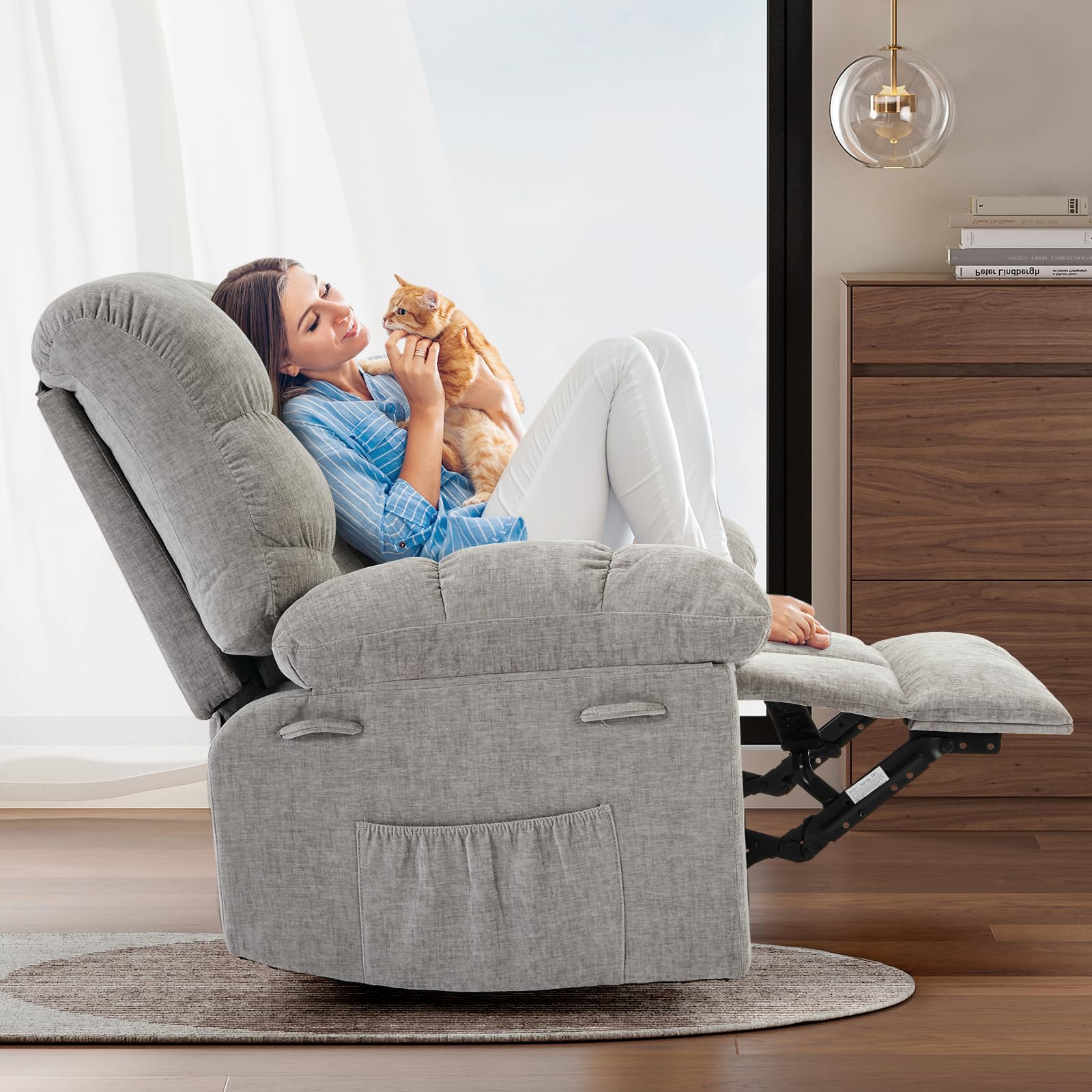 Garvee Rocking Recliner Chair, 360° Swivel Rocker Chair for Living Room, Upholstered Fabric Glider Nursery Chair with Side Pockets for Small Spaces, q235 Steel Frame Lazy Boy Recliner Single Sofa