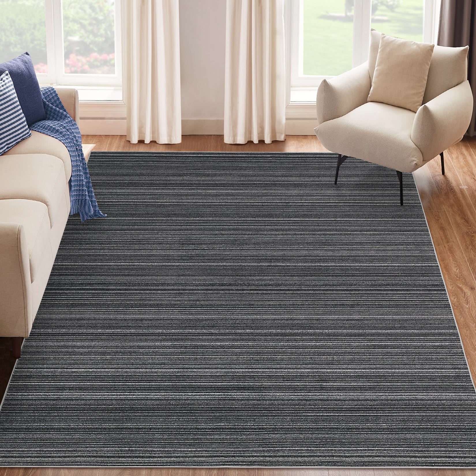 Garvee Modern Black Striped Washable Area Rug - Low Pile Non-Slip Contemporary Carpet - Soft, Collapsible, Mark Resistant Floor Mat for Living Room, Bedroom, Dining Room - Black, 8x10ft (244x305cm)