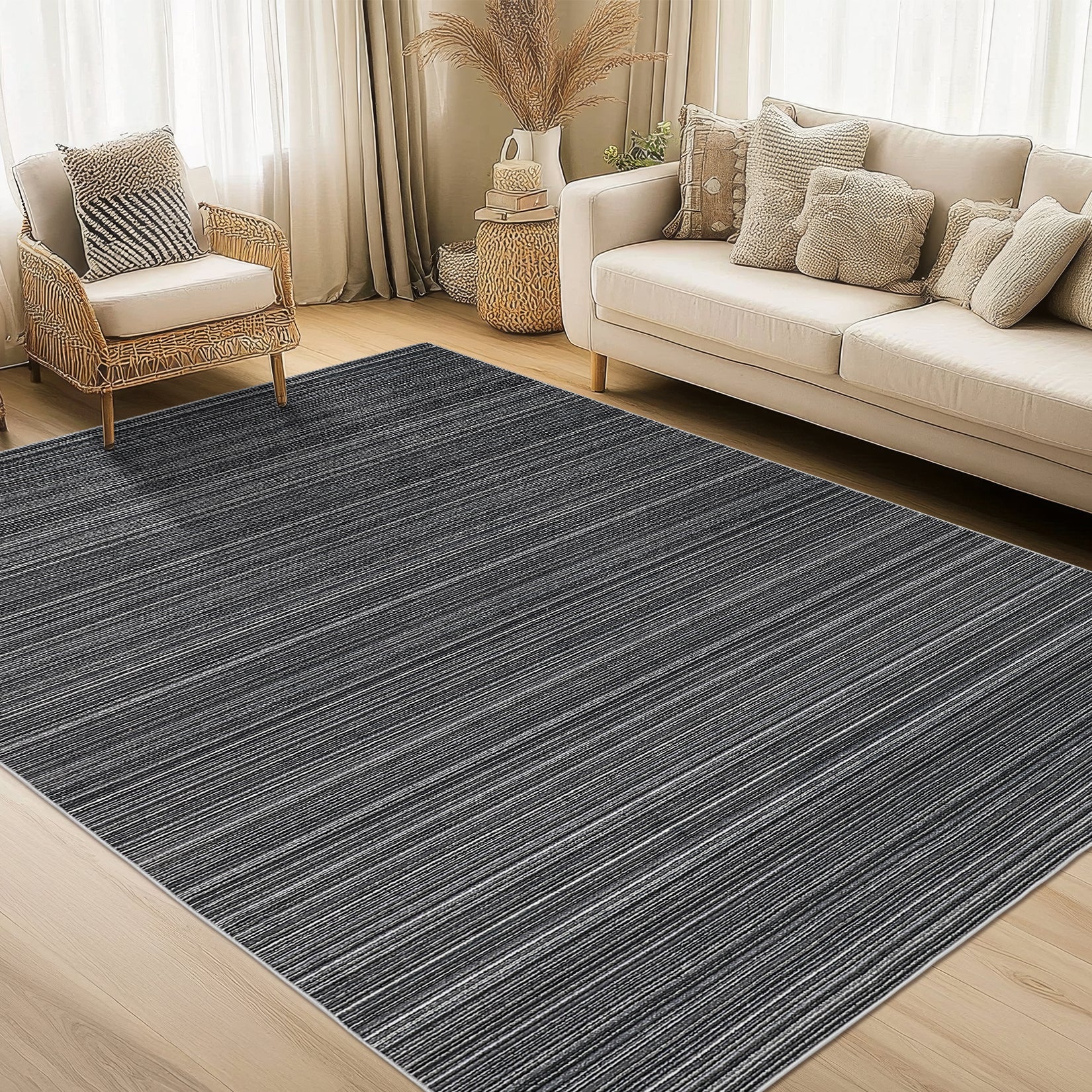 Garvee Modern Black Striped Washable Area Rug - Low Pile Non-Slip Contemporary Carpet - Soft, Collapsible, Mark Resistant Floor Mat for Living Room, Bedroom, Dining Room - Black, 8x10ft (244x305cm)