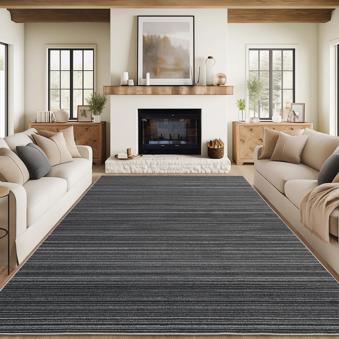 Garvee Modern Black Striped Washable Area Rug - Low Pile Non-Slip Contemporary Carpet - Soft, Collapsible, Mark Resistant Floor Mat for Living Room, Bedroom, Dining Room - Black, 8x10ft (244x305cm)
