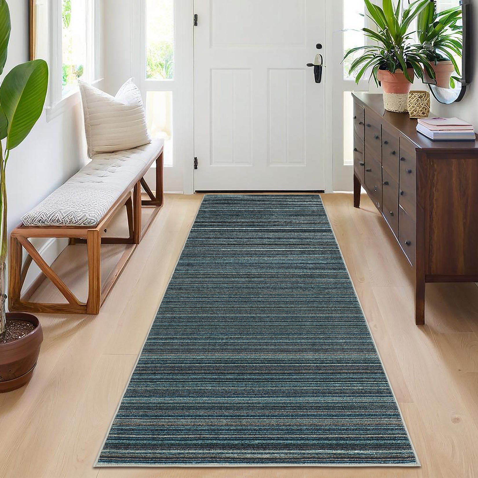Garvee Modern Striped Washable Area Rug - Low Pile Non-Slip Contemporary Carpet - Soft, Collapsible, Mark Resistant Floor Mat for Living Room, Bedroom, Nursery - Blue, 8x10ft (244x305cm)