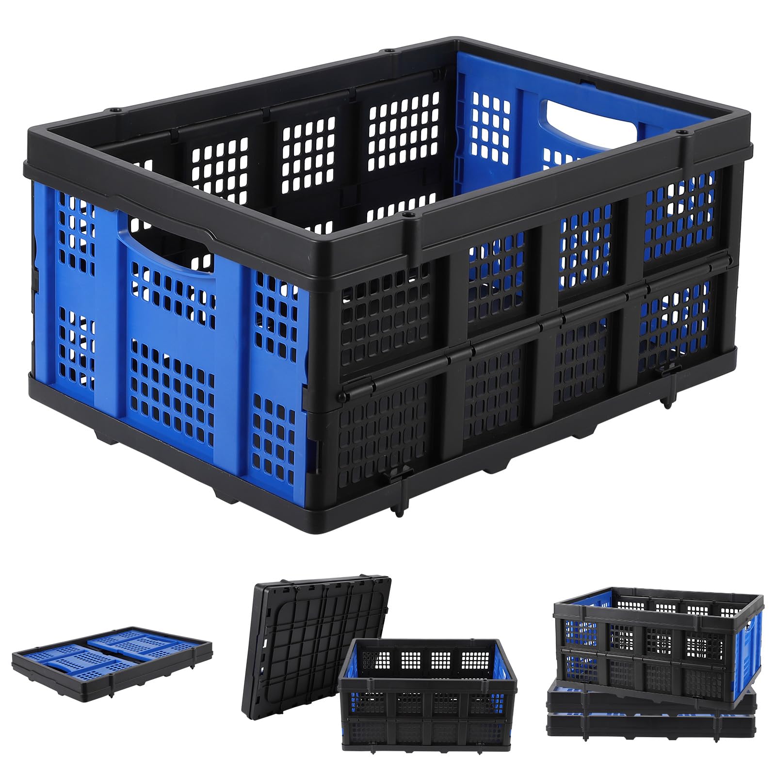 Garvee Heavy Duty Collapsible Storage Baskets - Stackable Plastic Organizer Crates with Handles - 3 Pack, 55L, Collapsible, Space-Saving, Durable for Home, Laundry, Closet, Car Trunk - Blue