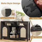 Garvee Rattan Sideboard Buffet Cabinet with Wine Racks & Glass Holders – Farmhouse Boho Coffee Bar Storage Unit, Drawer & Adjustable Open Shelves, For Kitchen, Dining & Living Room – Black Wood Grain