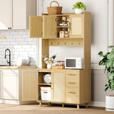 Garvee 71" Tall Kitchen Pantry Cabinet with Microwave Shelf, Rattan Freestanding Storage Cabinet with 3 Drawers, Adjustable Shelves and 6 Hooks, Boho Kitchen Hutch Cupboard for Living Dining Room- Natural