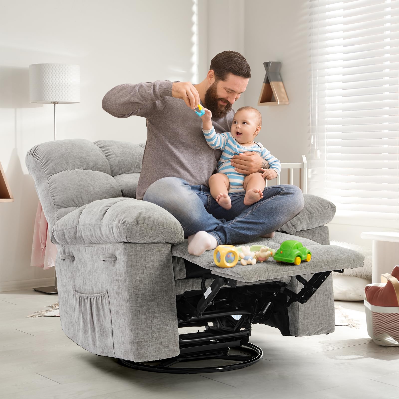 Garvee Rocking Recliner Chair, 360° Swivel Rocker Chair for Living Room, Upholstered Fabric Glider Nursery Chair with Side Pockets for Small Spaces, q235 Steel Frame Lazy Boy Recliner Single Sofa