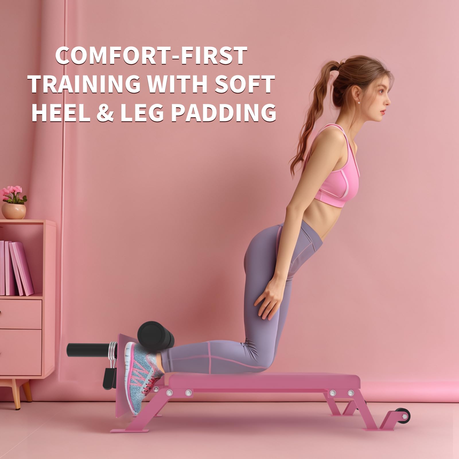 Garvee Nordic Curl Machine Adjustable Hamstring & Glute Bench with Wheels for Home Gym 45.9x18x13.7 inch Pink
