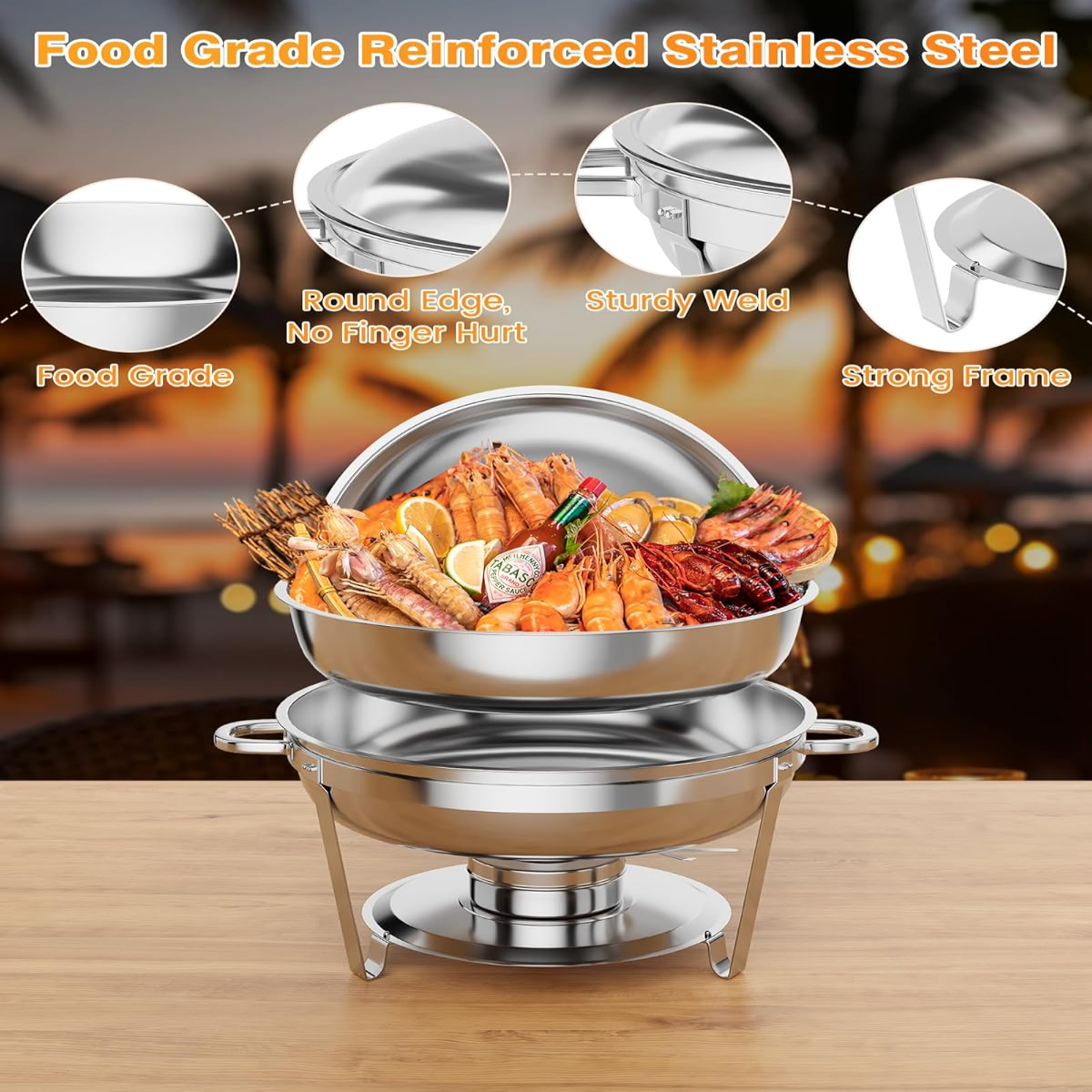Garvee 6 Pack 5QT Round Chafing Dishes with Lid Holder, Spoon & Tweezers for Buffet, Parties, Weddings, Events, Banquet, Silver