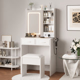Garvee White Makeup Vanity Desk with Mirror and Lights, Vanity Table Set with Charging Station, Dressing Table with Stool, 2 Drawers, Open Shelves, Power Outlets & USB Ports, Vanity Desk with RGB Cabinets