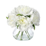 Garvee White Artificial Peony & Calla Floral Silk Flower Arrangement in Glass Vase with Faux Water – Realistic Centerpiece for Table, Bathroom, Shelf, or Wedding Decor – Maintenance-Free Faux Floral Display, White - White