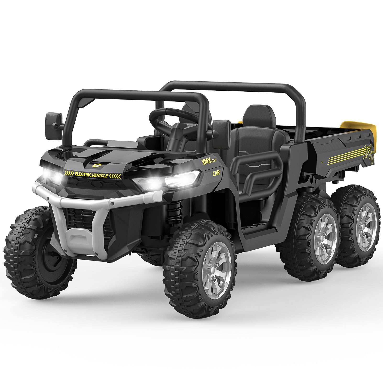 Garvee 24V Electric Dump Truck for Kids, 2 Seater Ride On Car with Parent Remote Control, 4WD 6-Wheel, UTV Style Dump Bed, Bluetooth Music, Black