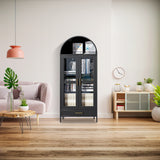 Garvee Tall Black Arched Metal Storage Cabinet with Glass Doors – 2 Adjustable Shelves, Drawer, Modern Freestanding Entryway Organizer – Pantry Display Cabinet for Living or Dining Room, Easy Assembly, Color: Black