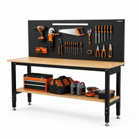 Garvee Adjustable Height Heavy-Duty Workbench, 60 x 22 in Work Table w/ Pegboard - Storage Shelf & Built-In Power Strip - Includes Gloves (Pair) - Color: Black