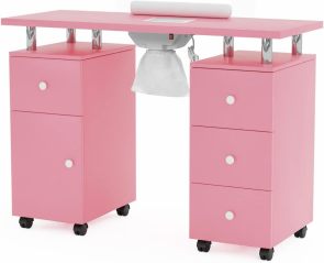 Garvee Salon Manicure Table for Nail Techs with Electric particles Collector – Portable Desk with 4 Drawers, Side Cabinet, Lockable Wheels & Wrist Rest, Beauty Station, Pink US Standard