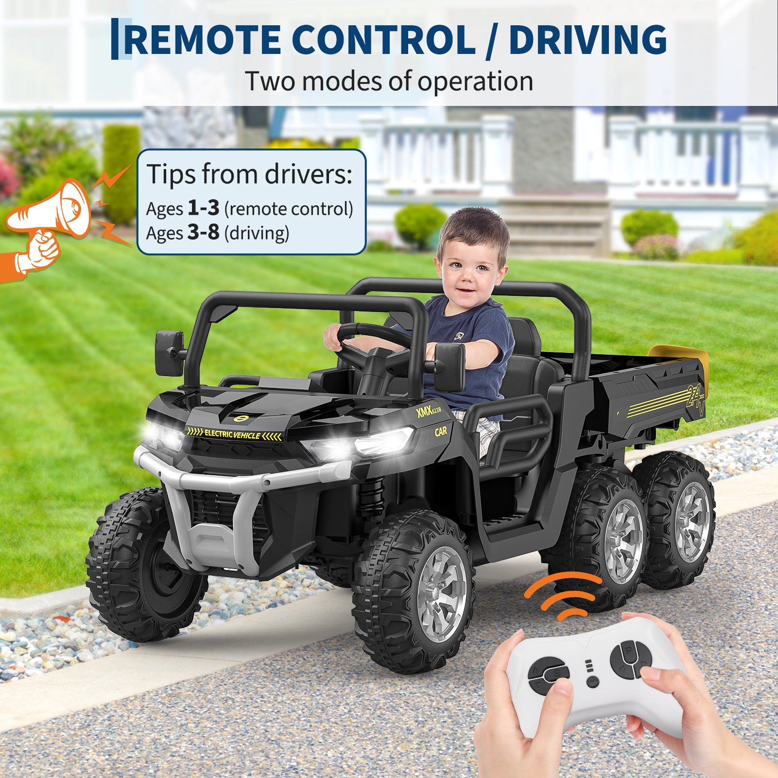 Garvee 24V Electric Dump Truck for Kids, 2 Seater Ride On Car with Parent Remote Control, 4WD 6-Wheel, UTV Style Dump Bed, Bluetooth Music, Black