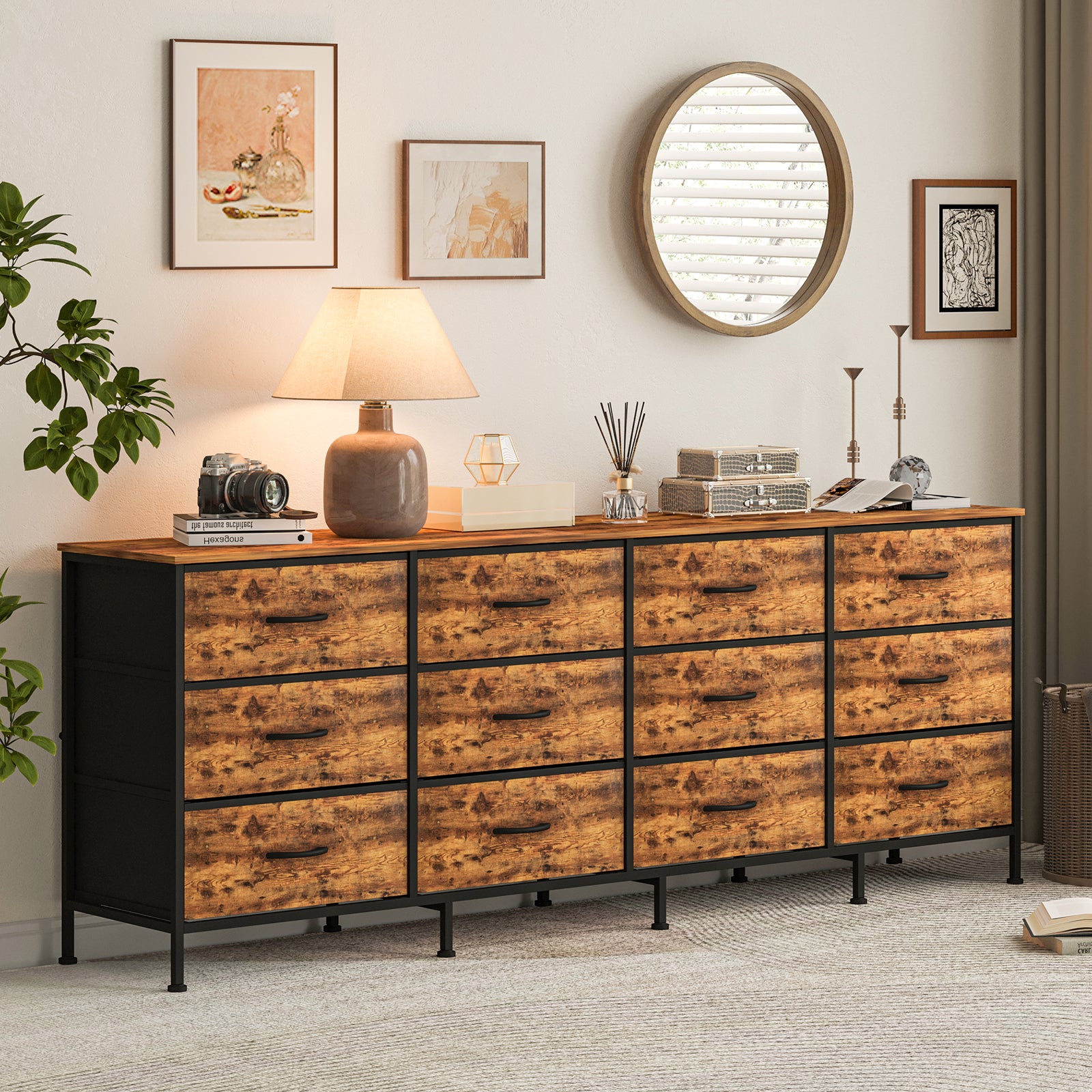 Garvee 12 Drawer Dresser Large Entertainment Center TV Stand for Bedroom Living Room 70.8" Fabric Wood Rustic