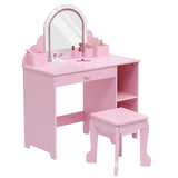 Garvee Kids Vanity with Lighted Mirror & Stool, Adjustable LED Light, Storage Drawer & Shelves for Girls 3-9, Pink