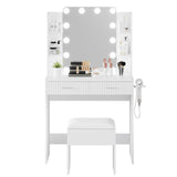 Garvee Makeup Vanity Desk with Mirror and 12 LED Lights, Power Outlet, 2 Drawers & 6 Shelves, Hair Dryer Holder, Modern Dressing Table with Stool for Bedroom, White - White