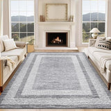 Garvee Bordered Grey 8x10 Large Washable Area Rug Modern Rug Distressed Geometric Floor Carpet, Soft Non Slip Rug, Low Pile Non Shedding Rug, Indoor Gray Rug for Bedroom, Living Room