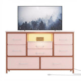 Garvee 8-Drawer Dresser TV Stand with Power Outlets & Adjustable LED Lights for Bedroom and Living Room, 55'' TV, Pink Fabric Drawers, Wood Top - Pink