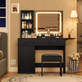 Garvee Makeup Vanity Desk with Mirror and Lights, Vanity Table Set with Drawer & Power Outlet, Storage Chair, Bedroom, Black - Black