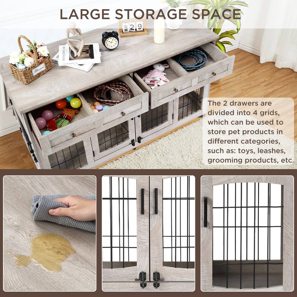 Garvee 2 Rooms Dog Crate Furniture for Big Breed,58" Wooden Dog Crate Table with 2 Drawers,Indoor Dog Kennel,Dog House,Dog Cage,TV Stand (Gray)