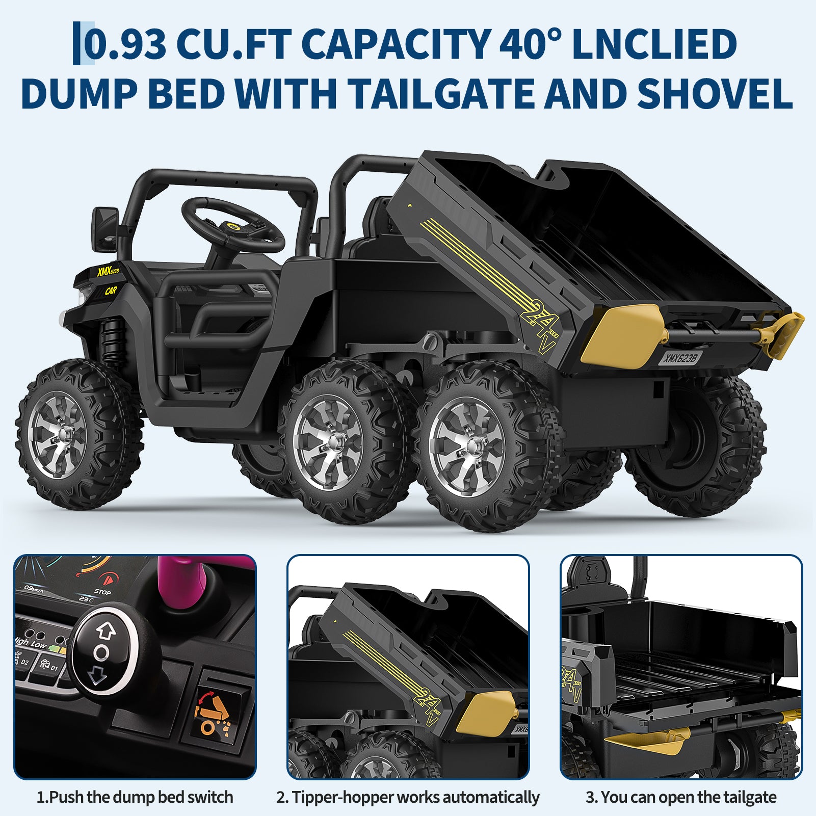 Garvee 24V Electric Dump Truck for Kids, 2 Seater Ride On Car with Parent Remote Control, 4WD 6-Wheel, UTV Style Dump Bed, Bluetooth Music, Black