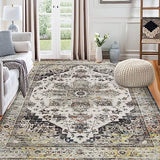 Garvee Grey Area Rug 8x10 Floral Oriental Printed Large Floor Cover Machine Washable Rugs Non-Shedding Floor Mat Soft Blue Living Rug for Bedroom Children's Playroom Rug with Non-Slip Backing - Grey