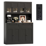 Garvee Tall Kitchen Pantry Cabinet with Charging Station, Microwave Stand, Drawers for Kitchen Dining Living Room, Space-Saving, White - Black