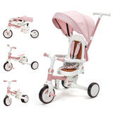 Garvee 7-in-1 Foldable Baby Tricycle with Push Handle, 360° Rotatable Seat, Safety Harness, Removable Canopy, Toddler Trike, Balance Bike, Stroller Modes, Adjustable Size, Multi-Color - Pink