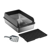 Garvee Stainless Steel Cat Litter Box, 23.62x15.75x9.84 in, Non-Stick Metal Tray for Big Cats, High PP Sides with Front Entry, Litter Catching Step and Double-Layer Mat, Scoop Included for Easy Cleaning, Black - Black