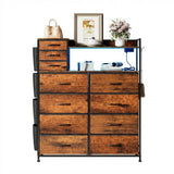 Garvee Dresser with 11 Fabric Drawers, Charging Station, LED Lights, Metal Frame, Wood Top - Bedroom, Living Room Storage Organizer - Rustic Brown
