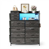 Garvee Dresser with 11 Fabric Drawers, Charging Station, LED Lights, Metal Frame, Wood Top for Bedroom and Living Room, Modern Design - Black
