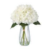 Garvee Artificial Hydrangea Flowers, White Silk Bouquet with Glass Vase and Faux Water, 16 Inch Floral Arrangement with Lifelike Petals and Green Leaves, Low Maintenance Table Centerpiece for Living Room, Office, Wedding and Party Decor - White