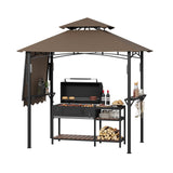 Garvee 8x5 ft Grill Gazebo with Side Awning, Double-Tier BBQ Canopy, Steel Frame, Outdoor Patio Shelter, Black - Brown