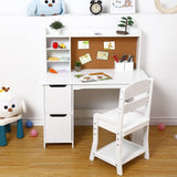 Garvee Kids Study Desk with Chair & Bulletin Board, Wooden Kids Table and Chairs Set for 5-12, Study Desk with Storage Kids Writing Desk Computer Workstation for Bedroom, White